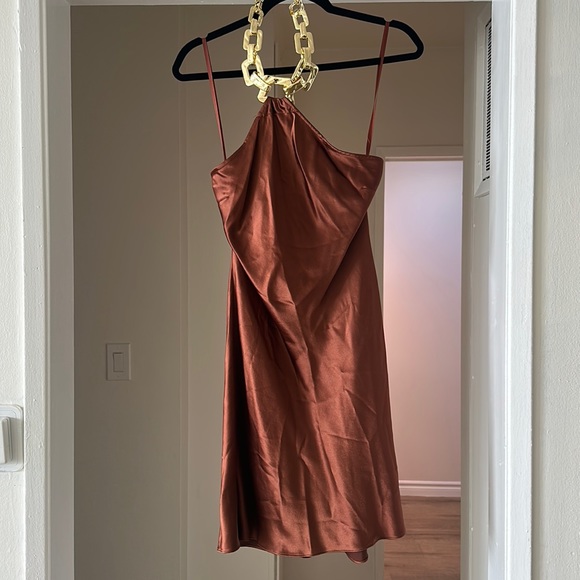 Staud brown mini dress with gold necklace halter - Picture 4 of 5